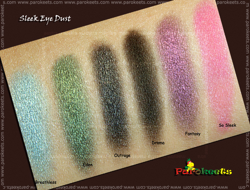 Swatch: Sleek - Eye Dust: Breathless, Eden, Outrage, Drama, Fantasy, So Sleek