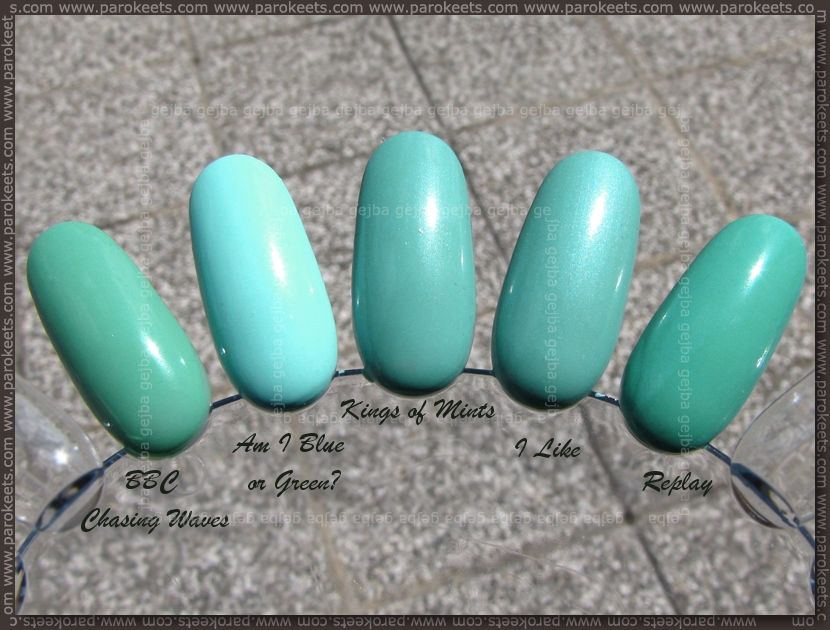 Comparison: Essence Chasing Waves, Catrice Am I Blue Or Green, Essence Kings Of Mints, I Like, Replay