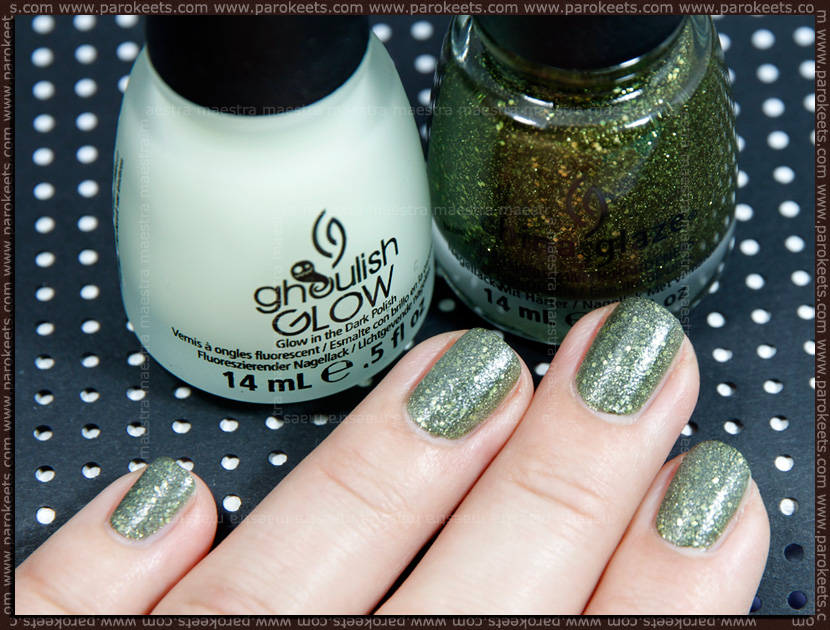 Swatch: China Glaze (Haunting Halloween 2011 LE) - It's Alive (2 coats) + Ghoulish Glow (1 coat)